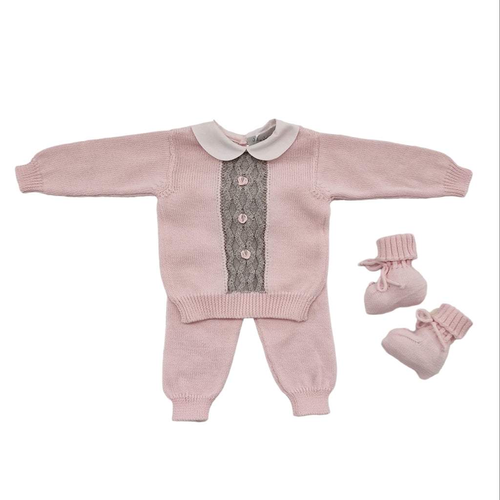 Completo neonata 100% lana rosa con losanghe tortora comprese babbucce