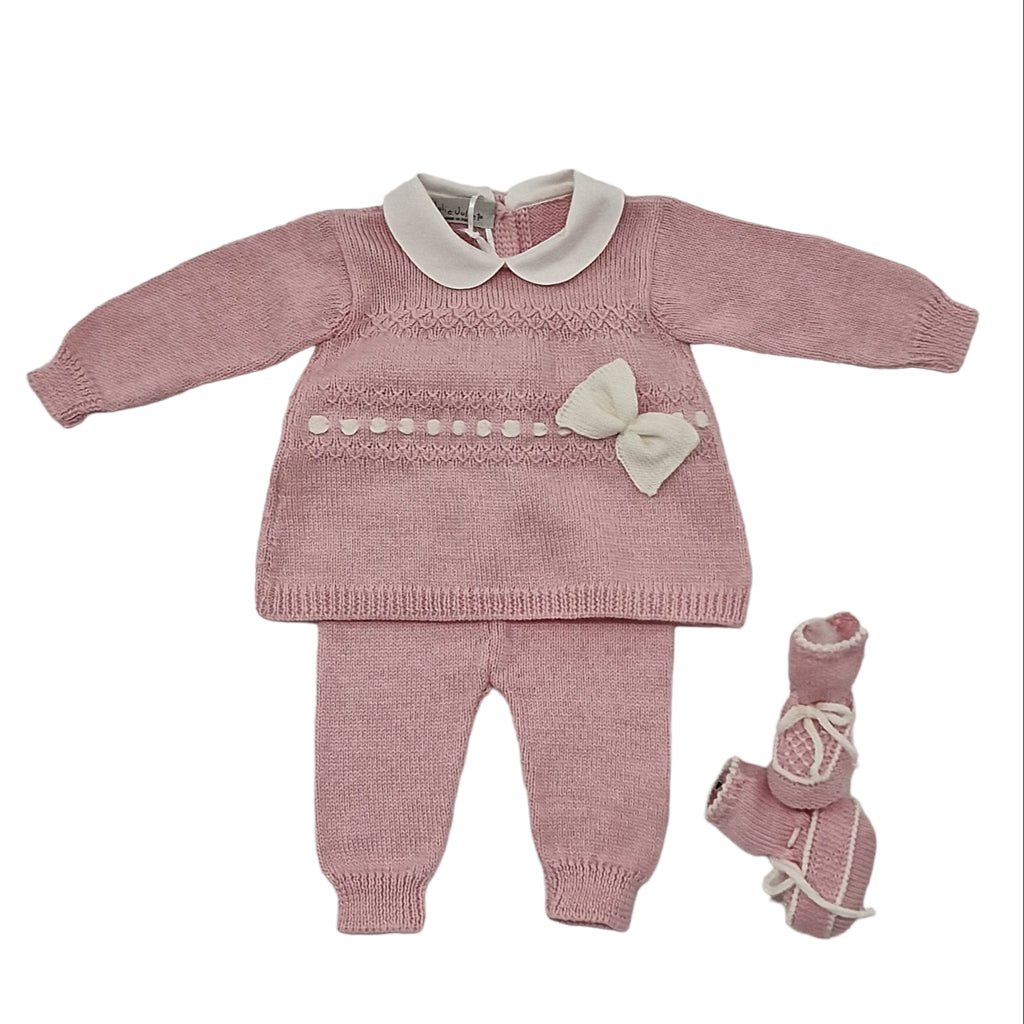 Completo neonata 100% lana rosa con fiocco bianco comprese babbucce