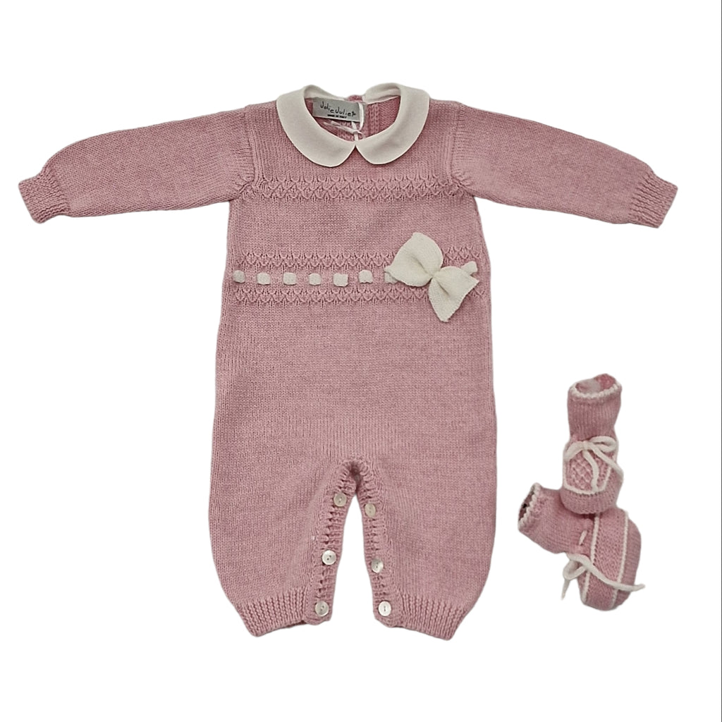 Tutina neonata 100% lana rosa con fiocco bianco e babbucce comprese