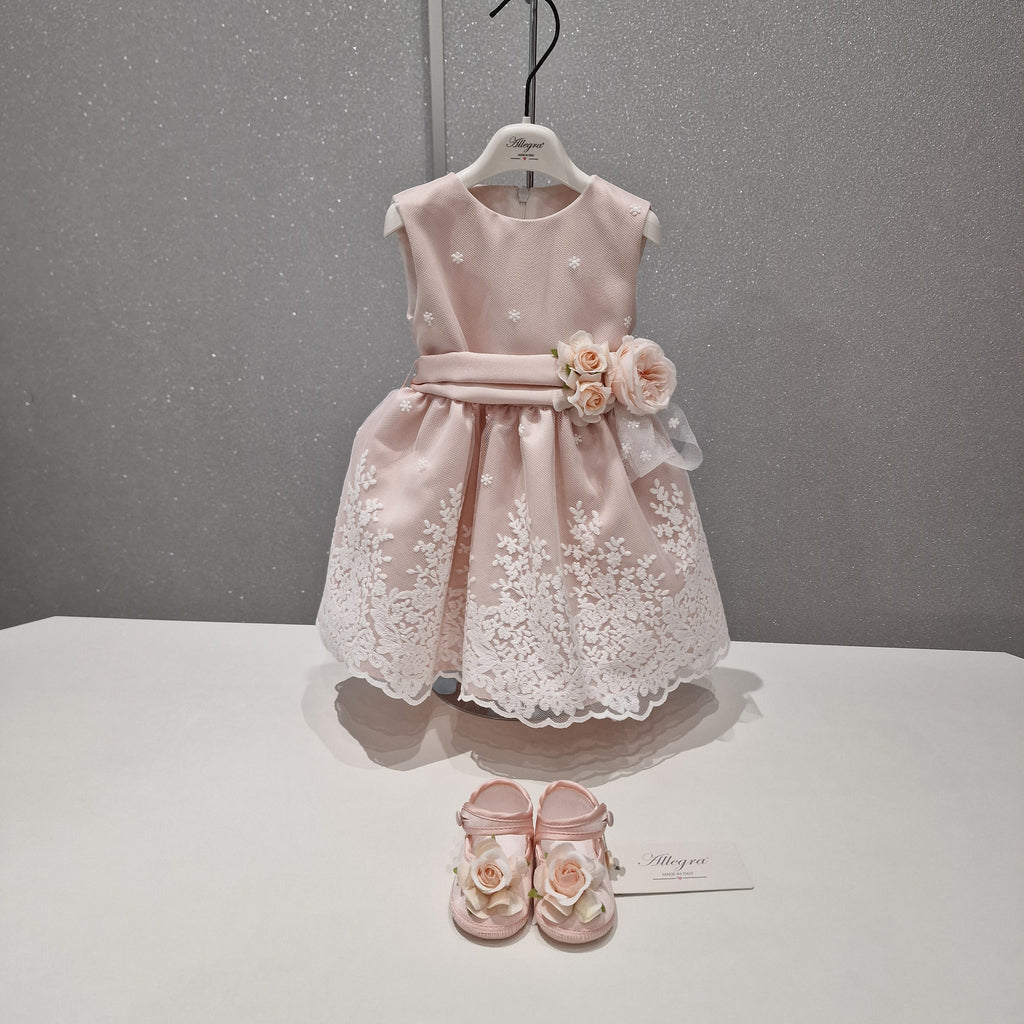 Battesimo Bambina rosa con ricamo e scarpe coordinate