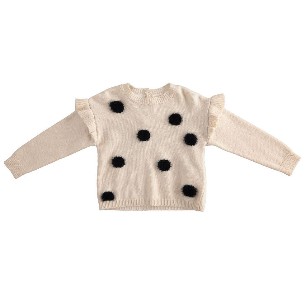 Pullover bambina con rouge su maniche e pon pon applicati