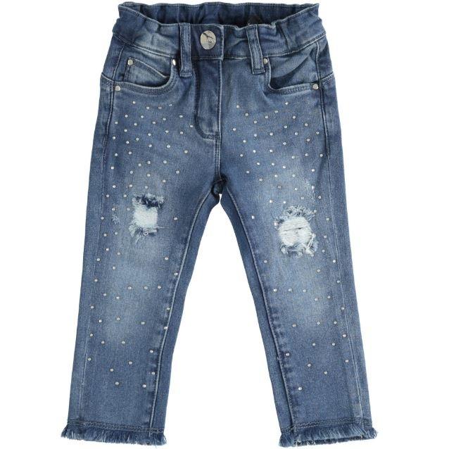 Jeans bambina con strass e strappi sul davanti